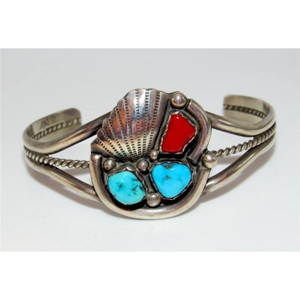 Old Pawn Zuni Bracelet Turquoise Coral Sterling Silver Simplicio Family