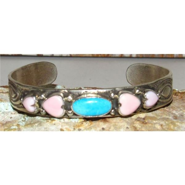 Navajo Pink Conch Hearts & Turquoise Bracelet Stacker Sterling G. Jones