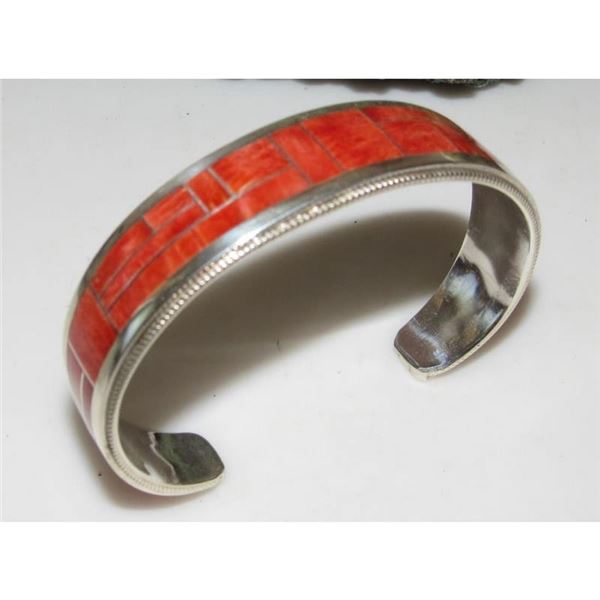 Navajo Red Orange Spiny Inlay Stacker Cuff Bracelet Sterling R. Begay