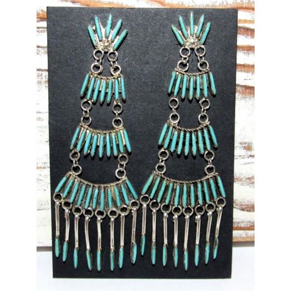 Zuni Needlepoint Turquoise Dangle Statement Earrings Sterling Silver 4"
