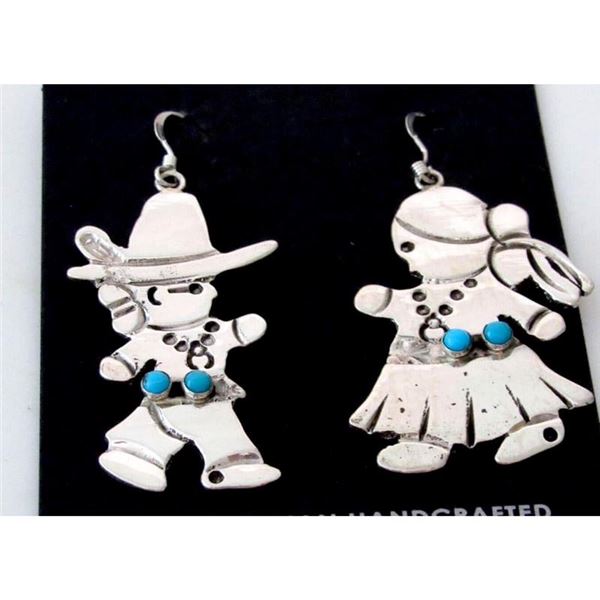 Navajo Men & Woman Dangle Earrings Sterling Silver Turquoise Song Dance Ceremony