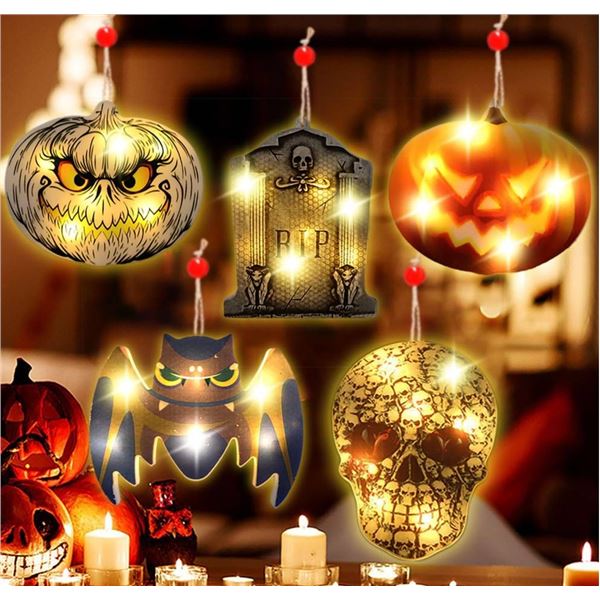 YiYunun Halloween Indoor/Outdoor Lights 5 Pack Bat Pumpkin Tombstone Skeleton, Warm White, Battery O