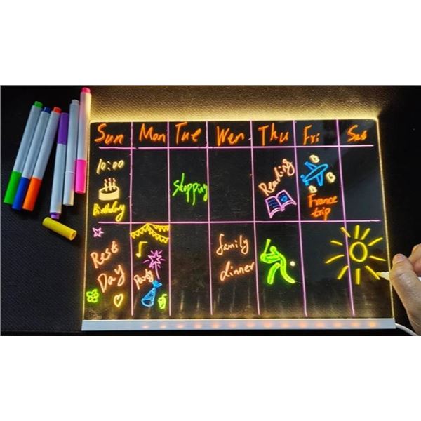 LED Note Board, 11.8 x 7.9 inch Acrylic Message Board with Adjustable Stand and 7 Pens