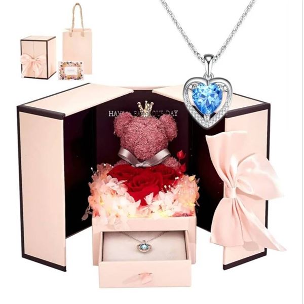 Gift Set with Bear, Roses, and Heart Pendant Necklace