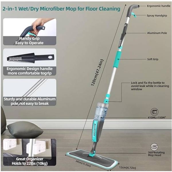 B.D. 2-in-1 Spray Mop And Window Squeegee Set With 410ML Bottle