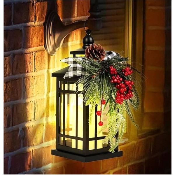 Metal Christmas Decorative Candle Lantern with Led Light,Plaid Ribbon,Lighted Hanging