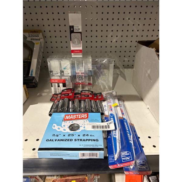 Lot of Tools and Hardware Including Galvanized Strapping, Sockets, Stair Support, and Nail Puller