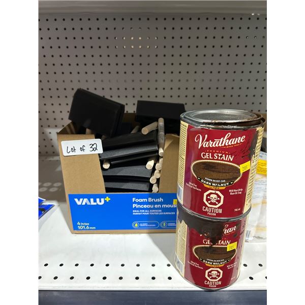 Lot of 32 Foam Brushes with 2 Cans of Varathane Gel Stain, 946 mL Each