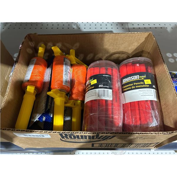 Lot of Carpenter Pencils, Twine Spools, and Bissett Nails