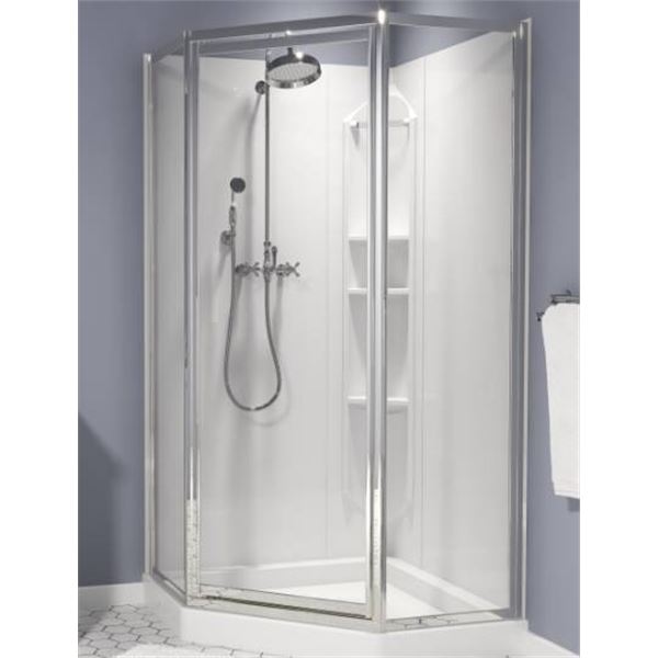 Atlantic II 38 x 38 Polystyrene Center Drain Shower Kit in White with Clear glass in Chrome