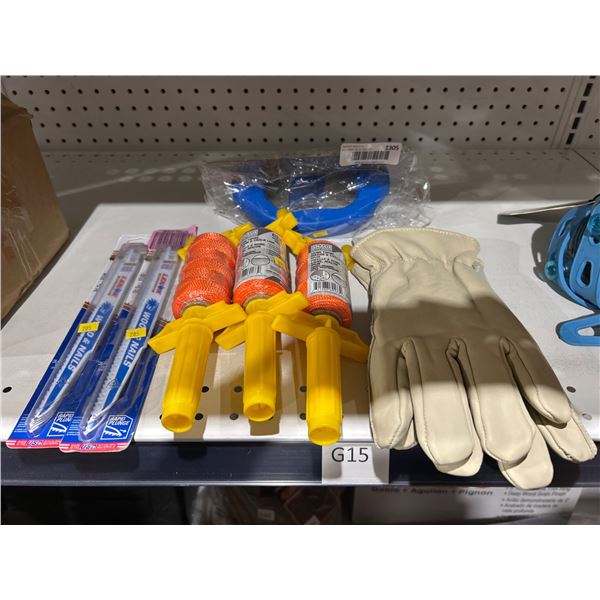 Lot of Tools Including Gloves, Trowel, Mason Line, and Saw Blades