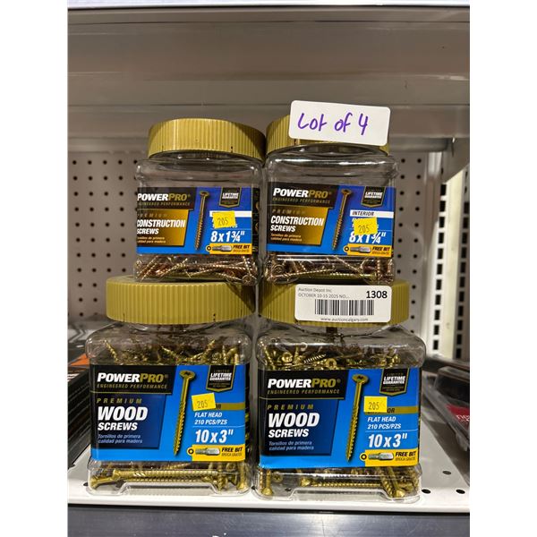 Lot of 4 Power Pro Premium Wood and Construction Screws – Assorted Sizes