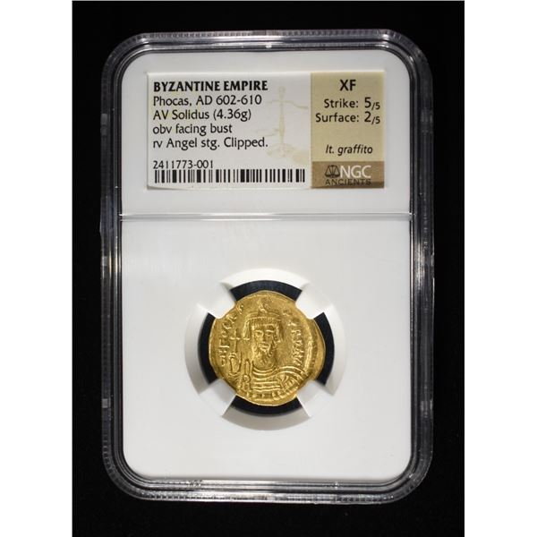 602-610 AD BYZANTINE GOLD SOLIDUS, PHOCAS NGC XF