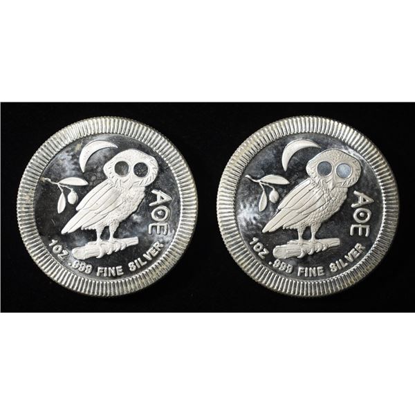 (2) 2020 1 OZ .999 SILVER NIUE OWL ROUNDS
