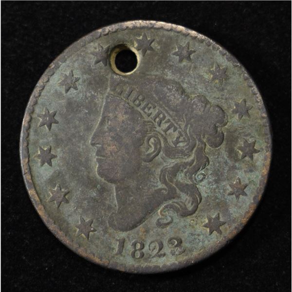 1823/2 CORNET HEAD LARGE CENT ERROR GOOD WITH HOLE