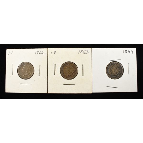 1862 VG, 1863 FINE, 1864 CN FINE INDIAN CENTS