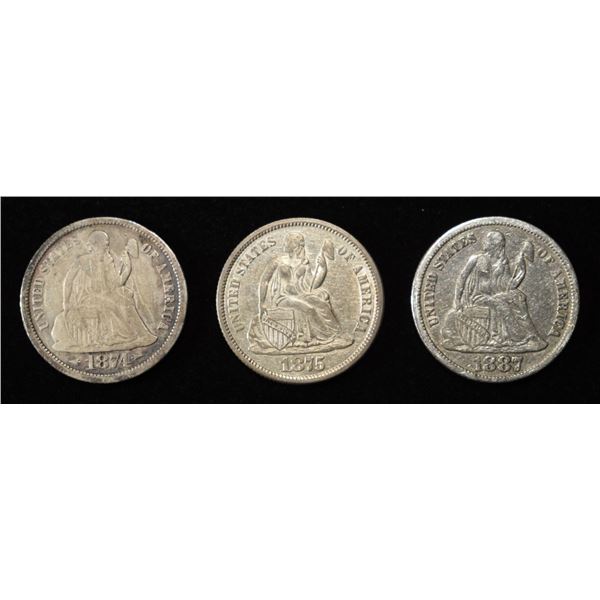 1874, 1875 & 1887 SEATED LIBERTY DIME VF OR BETTER
