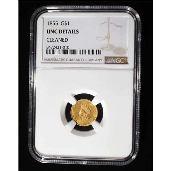 1855 GOLD $1 NGC UNC DETAILS CLEANED
