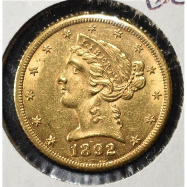1892-CC $5 LIBERTY GOLD WITH MOTTO CH BU