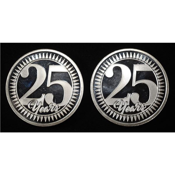 (2) 1 OZ 25 YEARS .999 SILVER ROUNDS