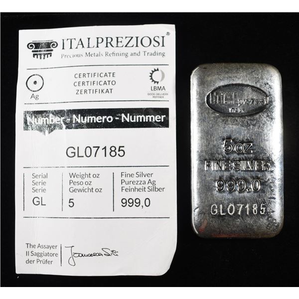 5 OZ ITALPREZIOSI .999 FINE SILVER BAR