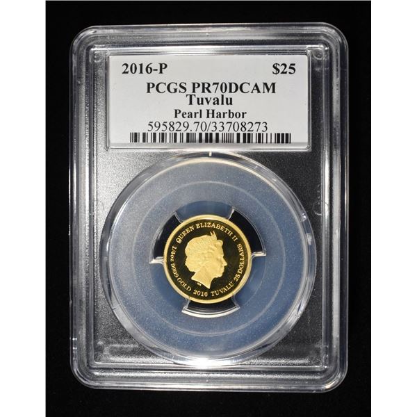 2016-P TUVALU PEARL HARBOR $25 GOLD PCGS PR-70DCAM