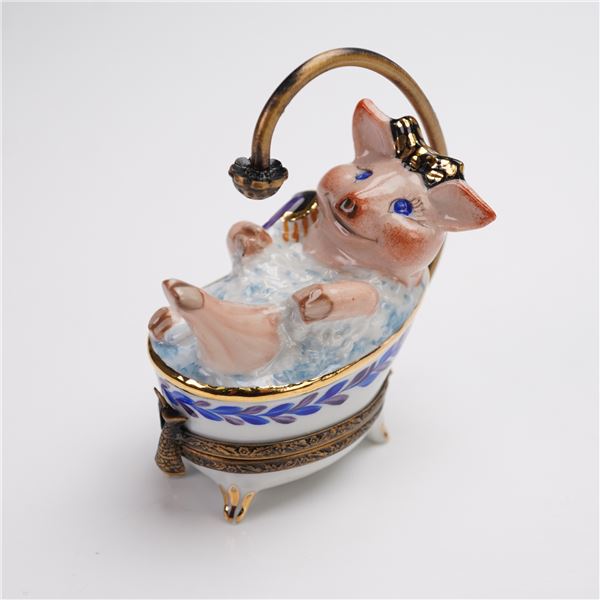 BRC Limoges France Pig In Bath Tub Treasure Box