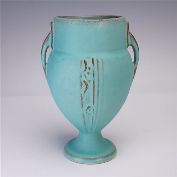 Roseville Pottery Blue Double-Handle Vase, Moderne