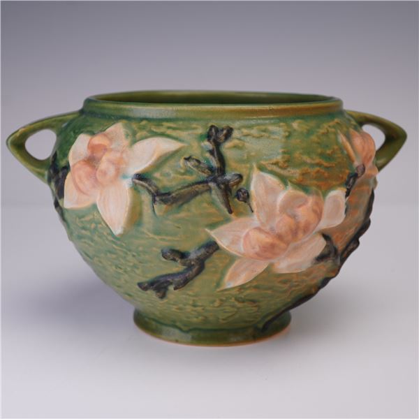 Roseville Pottery Green Double-Handled Vase, Magnolia