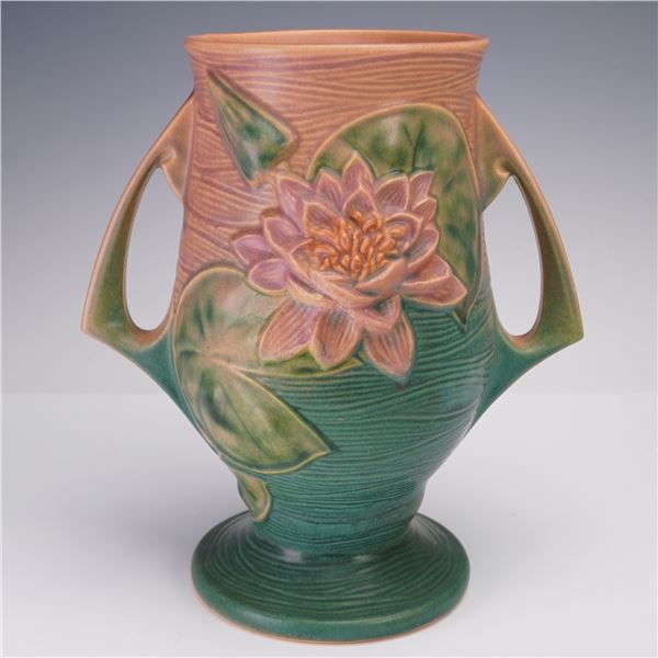 Roseville Pottery Handled Vase, Pink Water Lily