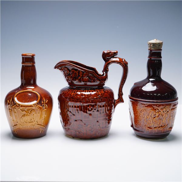 3pc Glazed Stoneware Spirit Bottles with Rockingham Pitcher
