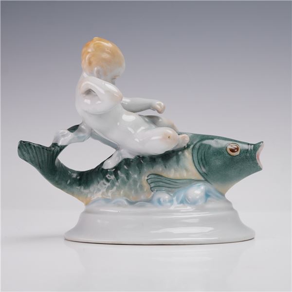 Herend Porcelain Figurine, Baby Boy Riding On A Fish
