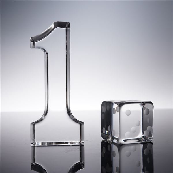 2pc Baccarat Crystal Figurine & Paperweight, Number One and Dice