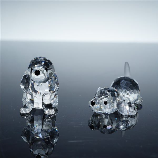 2pc Swarovski Silver Crystal Figurine, Beagle Sitting and Beagle Playing