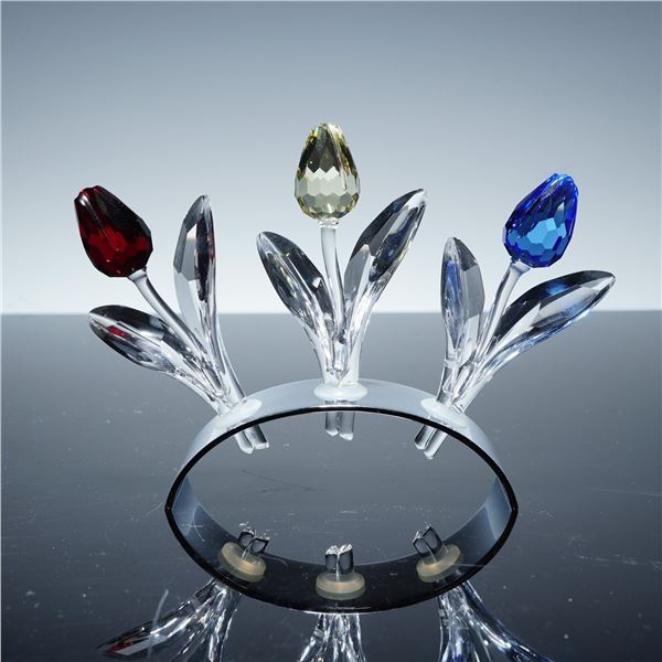 4pc Swarovski Crystal Figurines, Tulips Trio and Display