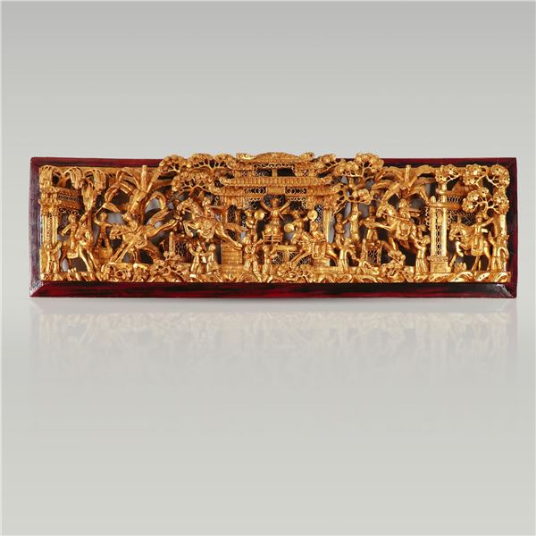 Authentic Chinese Giltwood Temple Panel with Festival Scene