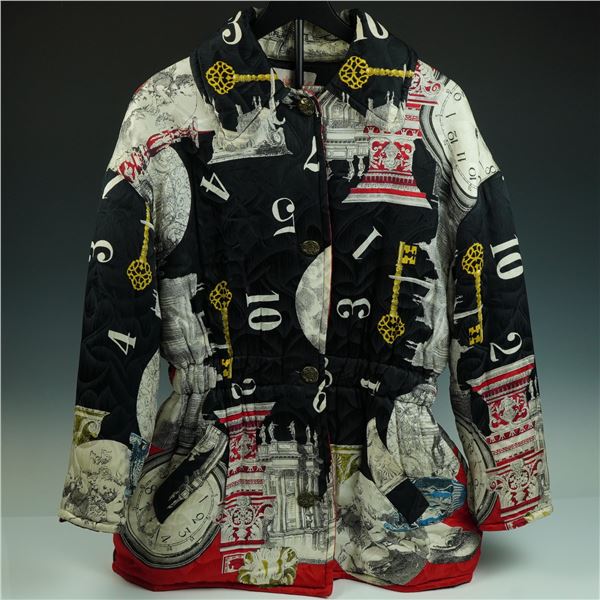 Byblos Printed Italian Quilted Jacket: Architectural & Horological Motifs