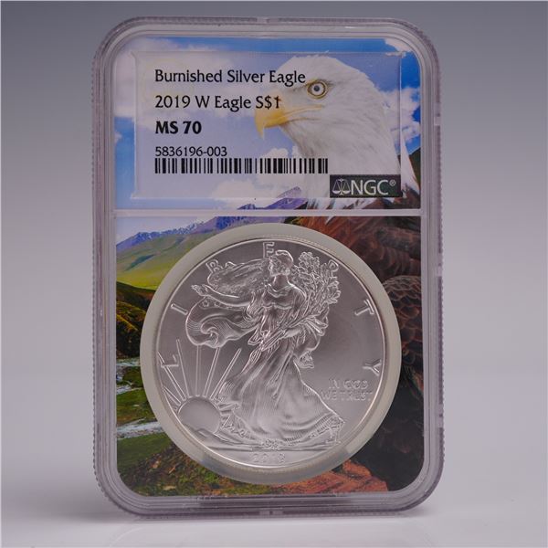 2019-W Burnished American Silver Eagle One Dollar Coin NGC Graded MS 70