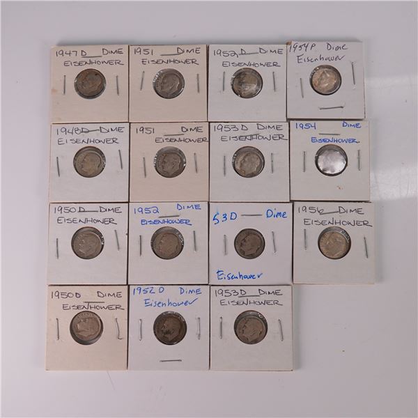 15pc U.S. Roosevelt Silver Dimes 1947-56 Mixed Mints