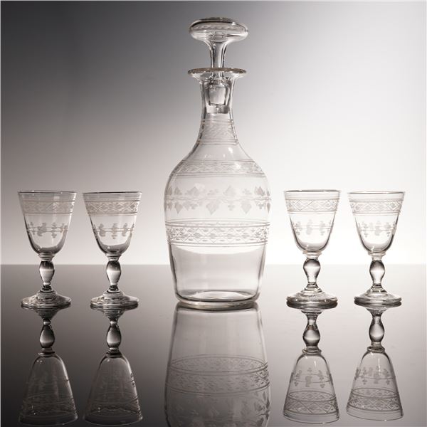 5pc Etched Crystal Decanter with Stopper and Cordial Glass Set