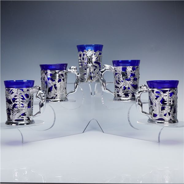 5pc Japanese Silver Tone Metal and Glass Tankards