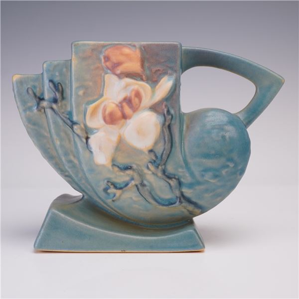 Roseville Pottery Blue Cornucopia Vase, Magnolia
