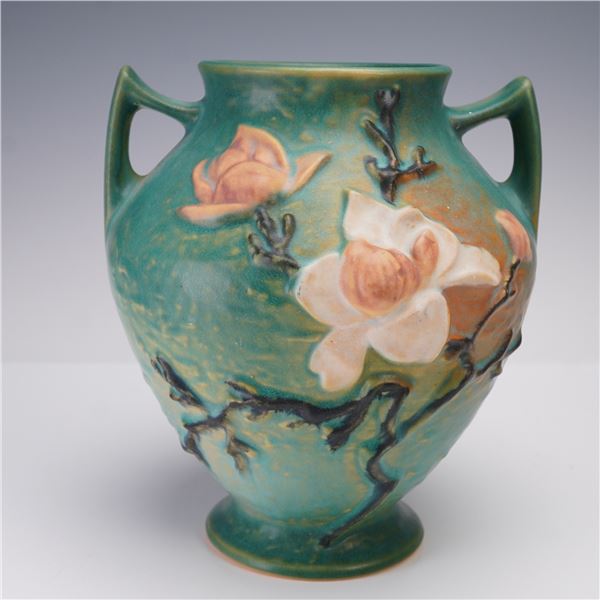 Roseville Pottery Blue Handled Vase, Magnolia