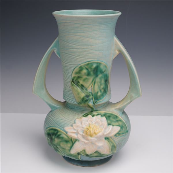 Roseville Pottery Handled Blue Vase, Water Lily