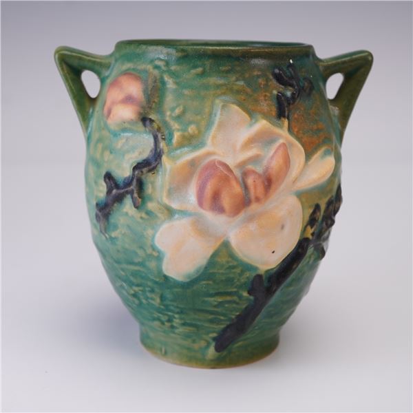 Roseville Pottery Small Green Double-Handled Vase, Magnolia