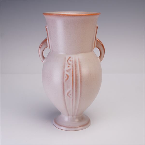 Roseville Pottery White Double-Handle Vase, Moderne