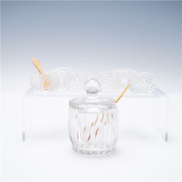 10pc Cut Glass Mustard Jar With Lid, Spoons, and Salt Cellars