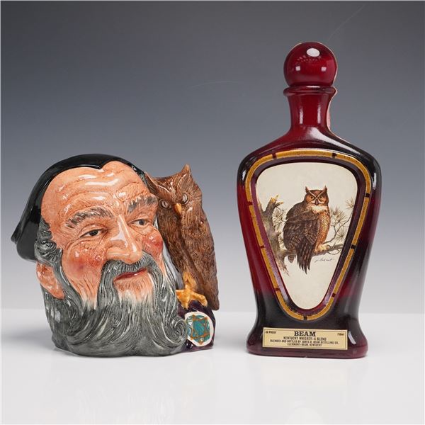 2pc Royal Doulton LG Merlin D6529 Jug + Beam's Horned Owl Bottle