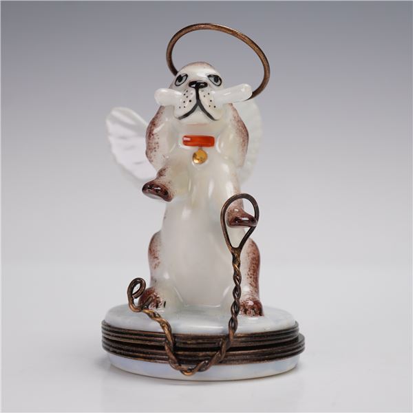La Gloriette Limoges Porcelain Treasure Box, Angel Dog Design