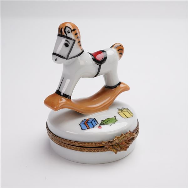 Rochard Limoges Porcelain Rocking Horse Treasure Box with Holiday Motif